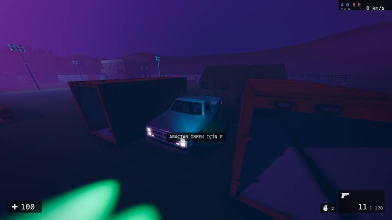 A pickup with its headlights on between containers on a purple night