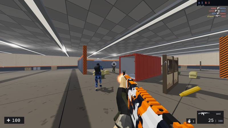 A rifle fires across the arena while teammates push forward
