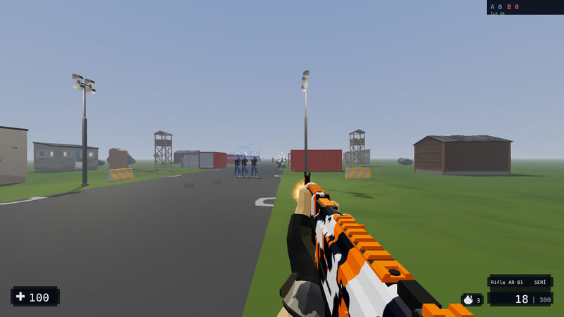 The player fires the rifle on Open Field. Three enemies are on the road ahead, the muzzle is lit up and the hit mark has opened around the crosshair.