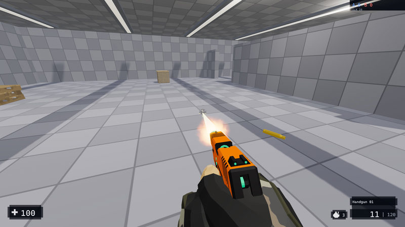 The player fires the handgun in the big hall of the arena. The muzzle is lit up, an empty case is in the air, and the ammo count is in the corner.
