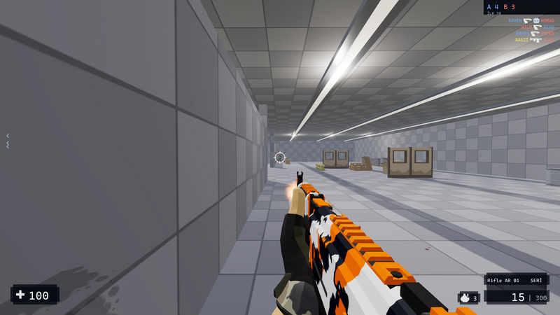 The player fires down a side corridor of the Arena. The list in the top corner shows who shot whom, and the crosshair is marking a hit.