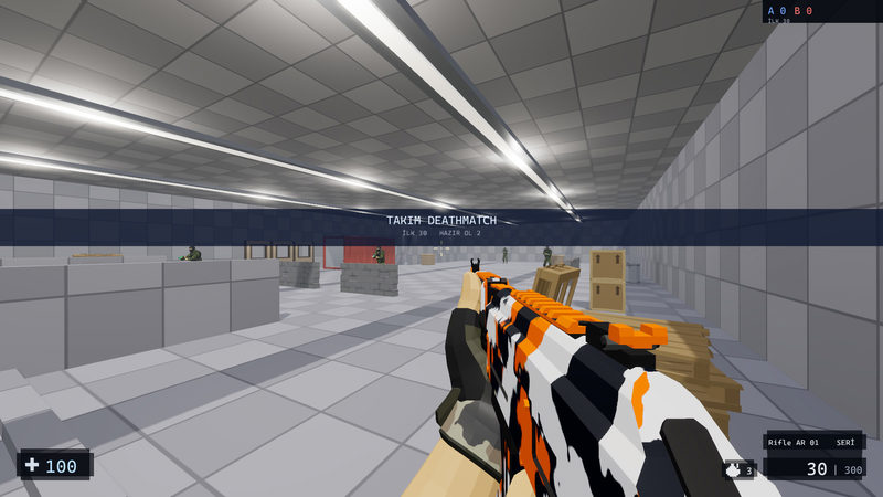 The start of a match on the Range. The mode and the score needed to win sit across the middle of the screen, and enemies stand behind the low walls.